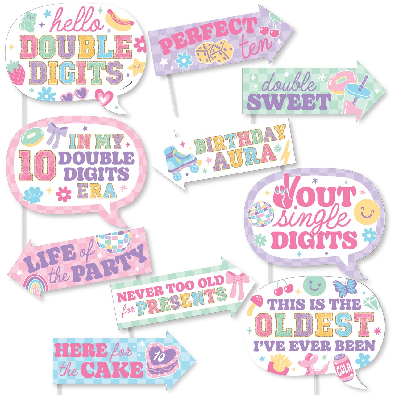 Big Dot of Happiness Funny Preppy 10th Birthday Girl Photo Booth Props Kit, Trendy Pastel Party Supplies, Double Digits - 10 Count Selfie Prop Sticks